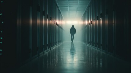 Lone Figure in Data Center: A lone figure walks through the cool, illuminated corridor of a cutting-edge data center, enveloped by the glow of servers and the promise of technological innovation.