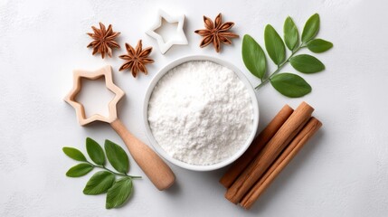 Baking ingredients including flour, cinnamon sticks, star anise, green leaves, and star-shaped cookie cutters arranged on a white surface.