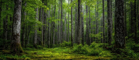 Lush green forest floor with tall trees