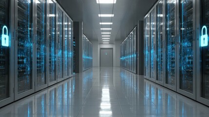 Data Fortress: A futuristic data center hallway, bathed in cool blue light, with secure server racks, symbolizing data protection and digital security.