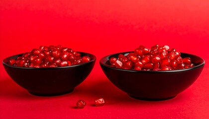 Two black bowls brimming with vibrant red pomegranate seeds sit on a red background