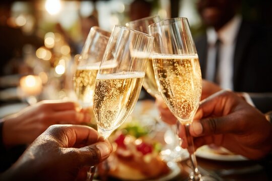 Business people celebrating success, making a toast with champagne glasses at a festive dinner party, close up shot focusing on the clinking glasses