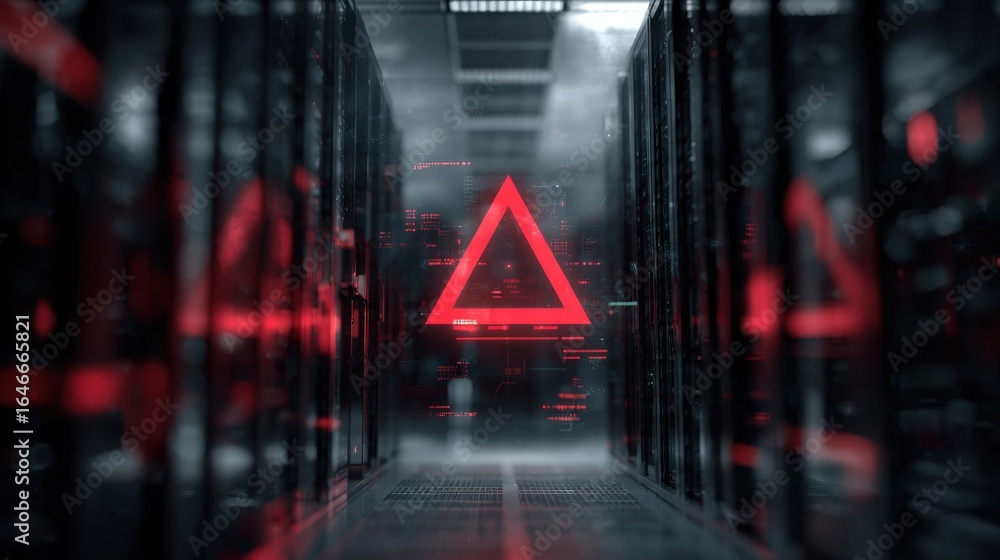 Poster warning sign in the server room: a prominent red triangle symbolizes data breach or system failure. 