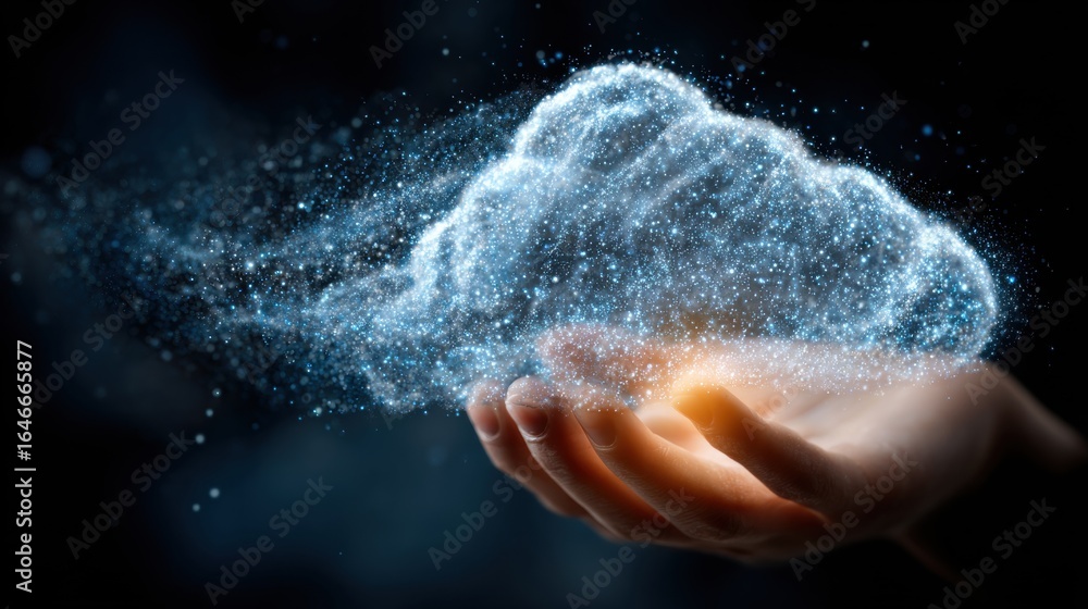Poster embracing cloud technology: a human hand cradles a dynamic cloud of data, a symbol of digital transf