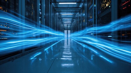 Cybernetic Passage: A futuristic image of a server room, showcasing streams of digital information flowing like ethereal light.