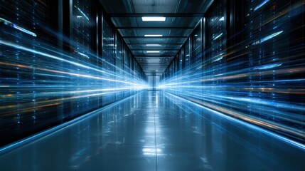 Data Center Corridor: A high-tech data center, illuminated by flowing lines of light, representing rapid data transfer and technological advancement.