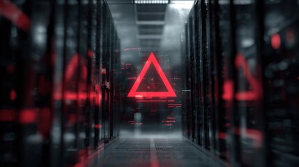Warning Sign in the Server Room: A prominent red triangle symbolizes data breach or system failure. The high-tech, yet sterile environment of a server room sets the scene.