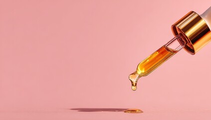 Amber serum drips from glass pipette onto a pale pink background;  gold-accented bottle top visible;  minimal shadow cast