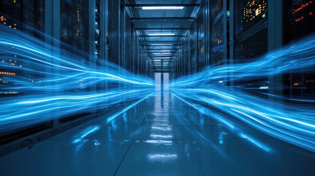 Cybernetic Passage: A futuristic image of a server room, showcasing streams of digital information flowing like ethereal light.