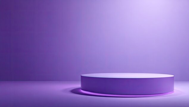 A minimalist purple studio backdrop features a single, low cylindrical platform with a pale top, subtly illuminated from below, against a gradient purple wall