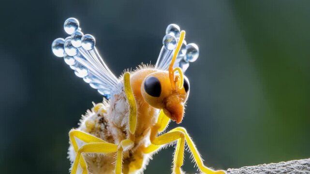 Extreme close-up macro of a yellow winged insect