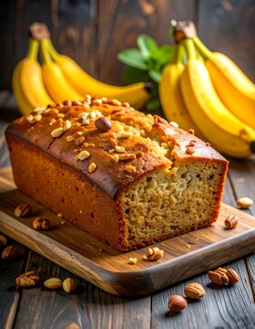 Fresh banana nut bread on wooden board