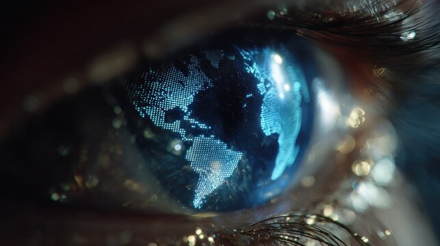 Digital Earth: A close-up of an eye gazing at a digital representation of the world, reflecting the interconnectedness of humanity and technology.