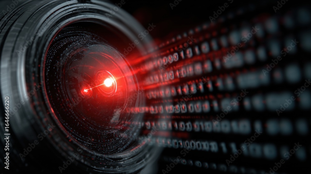 Poster digital eye: a close-up view of a digital camera lens with a vibrant red glow, capturing the essence