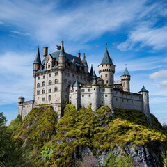 a castle on a mountain covered with moss under a blue sky