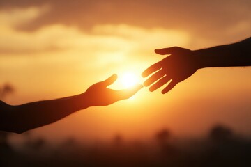 Two hands reaching out towards each other against a vibrant sunset sky, symbolizing help, support, and hope