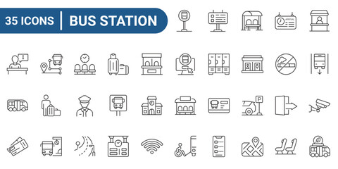 Bus Station line icon set. Including bus, passenger, driver, shelter, bus station and more. Outline vector icon in linear style. editable stroke
