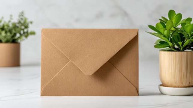 Sealed Letter with plants: A close-up shot of a brown envelope is placed on a light-colored surface. Two potted plants flank the envelope. This image is a visual metaphor for written communication.