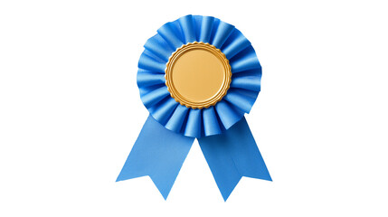A blue prize ribbon rosette with a blank gold seal symbolizing a first place award and success
