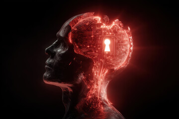 Obraz premium Futuristic human head with glowing red circuit brain and keyhole symbolizing digital mind and security in dark background