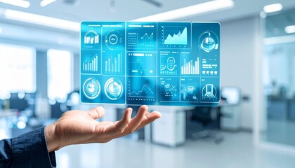 Hand holding a holographic interface with multi-panel data charts and analytics icons—set in a blurred office backdrop, symbolizing modern tech and data-driven innovation.
