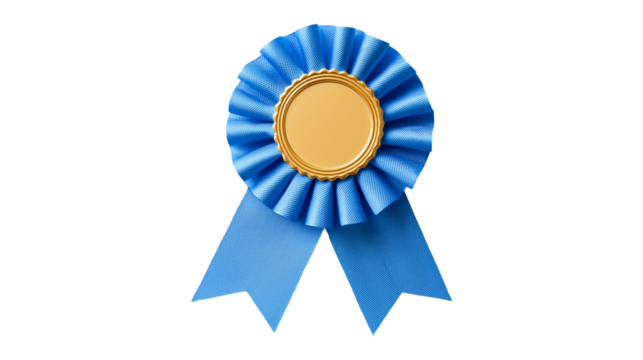 A blue prize ribbon rosette with a blank gold seal symbolizing a first place award and success - Powered by Adobe