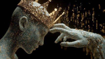 Digital human with golden crown and binary code texture, futuristic technology concept with glowing particles and abstract data visualization, creative AI art expression
