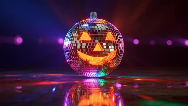 Halloween disco ball with pumpkin face in vibrant colors on bright backdrop
