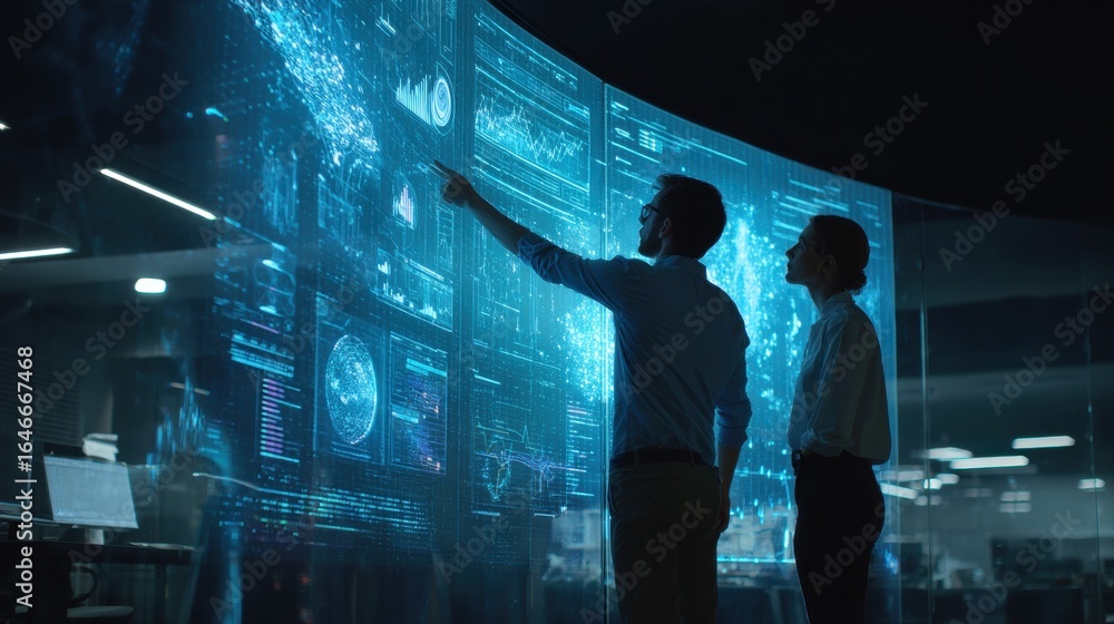 Poster data analysis in technology: a pair of business individuals analyze intricate data displayed on a fu
