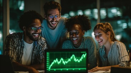Team's Financial Analysis: A focused team of business professionals collaborate late at night, gathered around a laptop, meticulously examining a dynamic graph.  Their faces radiate delight.