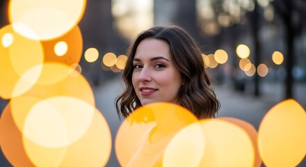 Fototapeta premium Charming portrait of a young woman with bokeh lights in the background