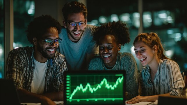 Team's Financial Analysis: A focused team of business professionals collaborate late at night, gathered around a laptop, meticulously examining a dynamic graph.  Their faces radiate delight.