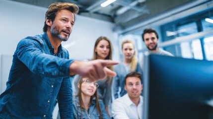 Collaborative Technology Showcase: A diverse group of professionals, deeply engaged in a dynamic workspace, collaborates around a modern computer display.