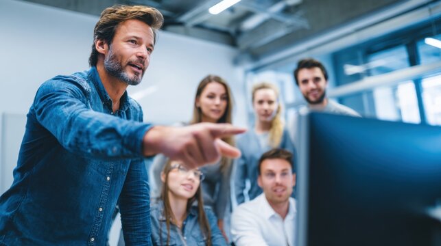 Collaborative Technology Showcase: A diverse group of professionals, deeply engaged in a dynamic workspace, collaborates around a modern computer display.