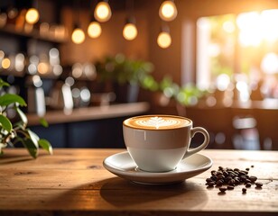 Obraz premium Latte art coffee cup on wooden table