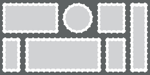 Postage stamp borders set vector illustration. Blank post stamp. Postage frame form, vintage postcard stamp frame with perforated border, mail delivery sticker template, philately element. eps 10