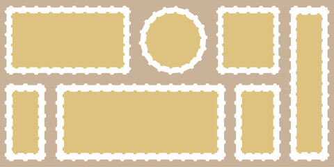 Postage stamp borders set vector illustration. Blank post stamp. Postage frame form, vintage postcard stamp frame with perforated border, mail delivery sticker template, philately element. eps 10