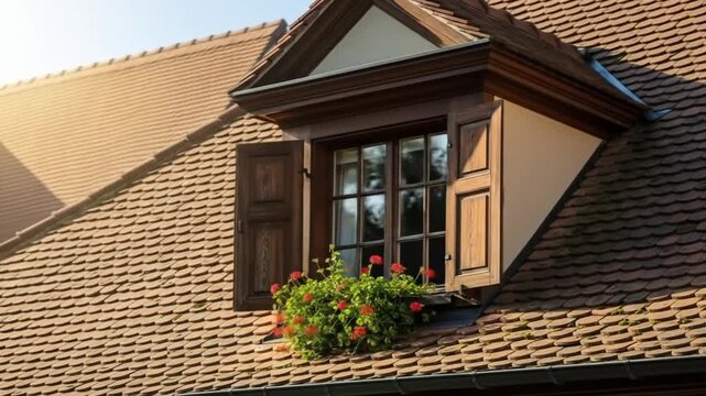 Charming dormer window with open wooden shutters and a flower box on a traditional terracotta tiled roof, bathed in warm sunlight.