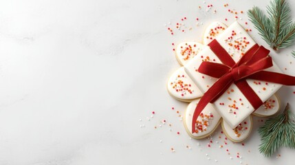 Festive white cookies decorated with red and orange sprinkles, tied with a red ribbon, placed next to green pine branches on a white textured surface.