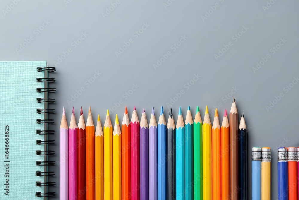 Poster flat lay composition with colored pencils and notebook on gray background, creating a colorful and i