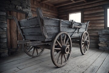 Fototapeta premium A rustic wheeled cart in an old plank room in the countryside, created with Generative AI, evoking a sense of nostalgia and vintage charm.
