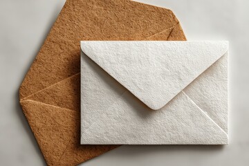 Two simple envelopes, one white and one brown, lying on a gray background, creating a minimalist and elegant composition