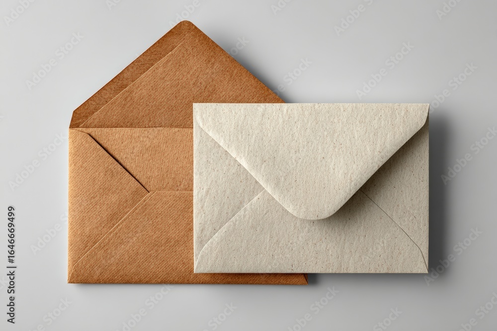 Poster white envelope partially covering a brown envelope, arranged on a textured gray background, creating