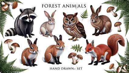 Obraz premium Artistic collection of forest animals and plants — raccoon, bunny, red fox, squirrel, brown owl, ferns, and mushrooms — rendered in a detailed sketch style on white background.