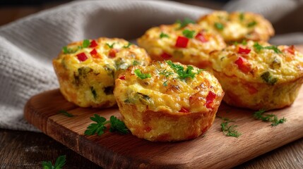 Delicious homemade egg muffins with diced vegetables placed on a wooden board with a neutral fabric background