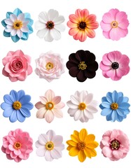 Sixteen pastel-colored artificial flowers arranged in a grid on a white background