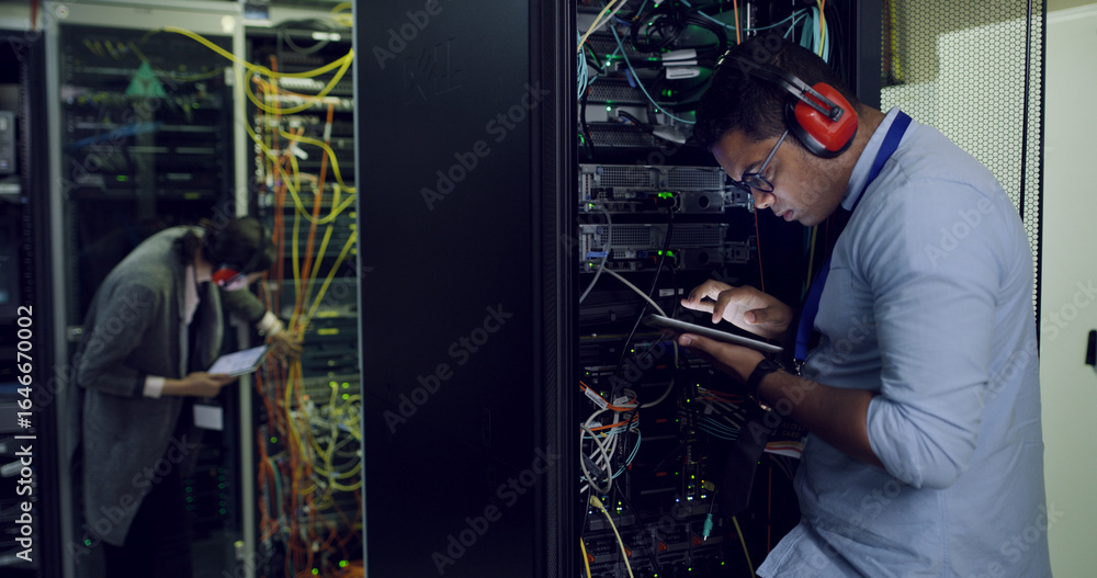 Poster infrastructure, maintenance and tablet with it professional in server room for cybersecurity support