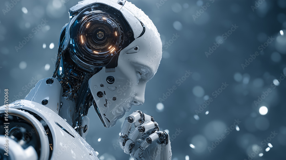 Poster futuristic android contemplating in digital environment