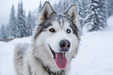 A Siberian Husky playing in a snowy landscape, captured in a winter wonderland setting, showcasing the doga??s joyful spirit in a close-up view.