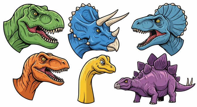 Collection of six colorful cartoon dinosaur heads and bodies, including a trex, triceratops, stegosaurus, and brachiosaurus, isolated on a white backgroun